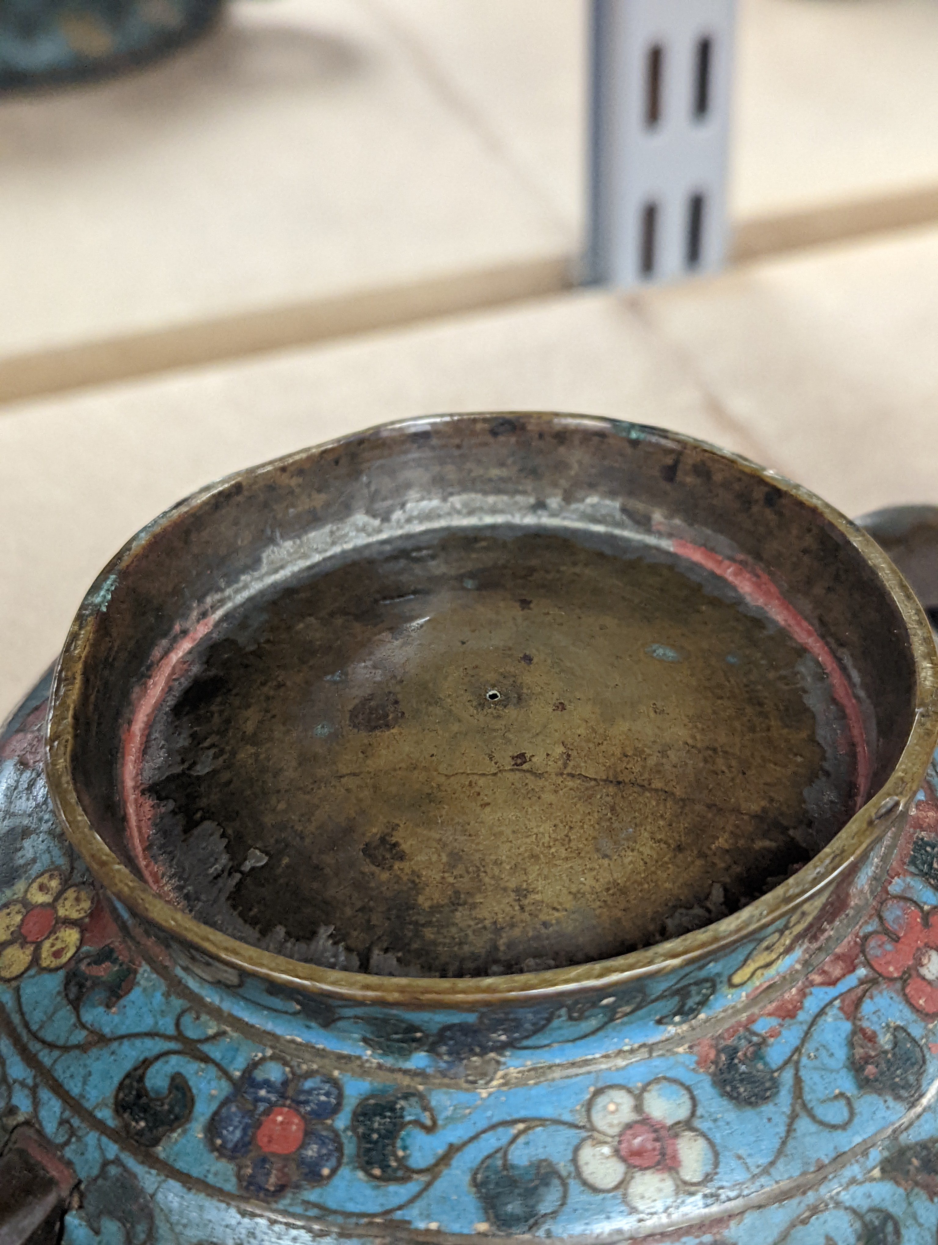 A Chinese late Ming dynasty bronze and cloisonné enamel ding censer 18cm
